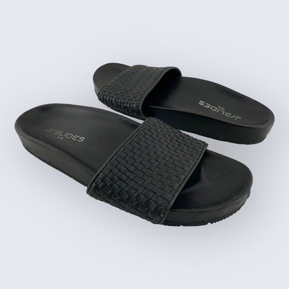 J/Slides Naomie Black Woven Leather Contoured Arch Support Slide Sandal 8 - Picture 1 of 8